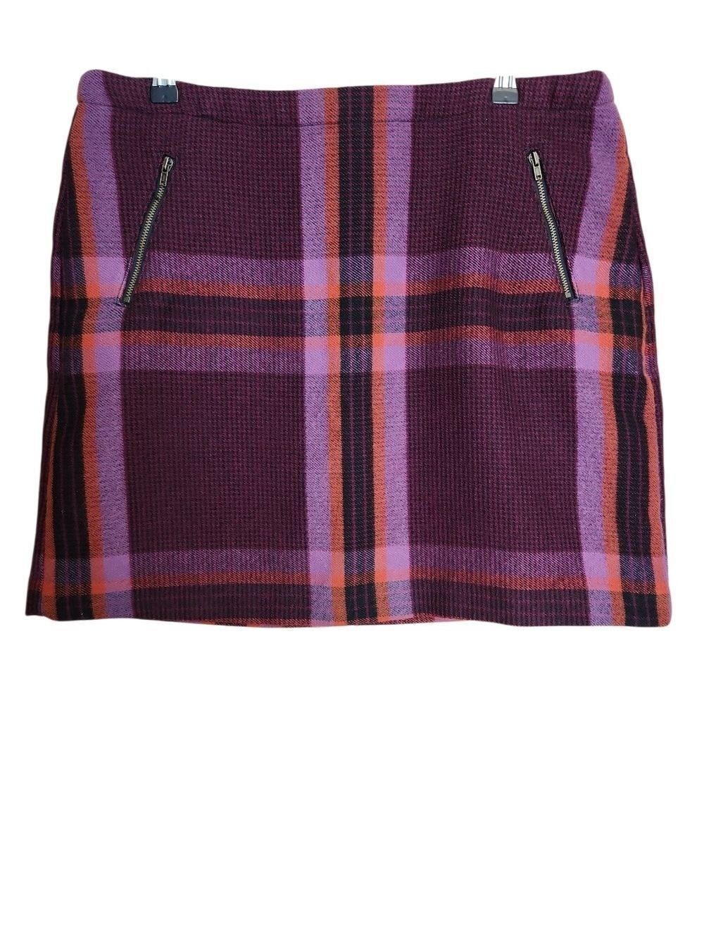 PURPLE AND BLACK PLAID PREPPY MINI SKIRT ZIPPER POCKETS LINED SIZE 14